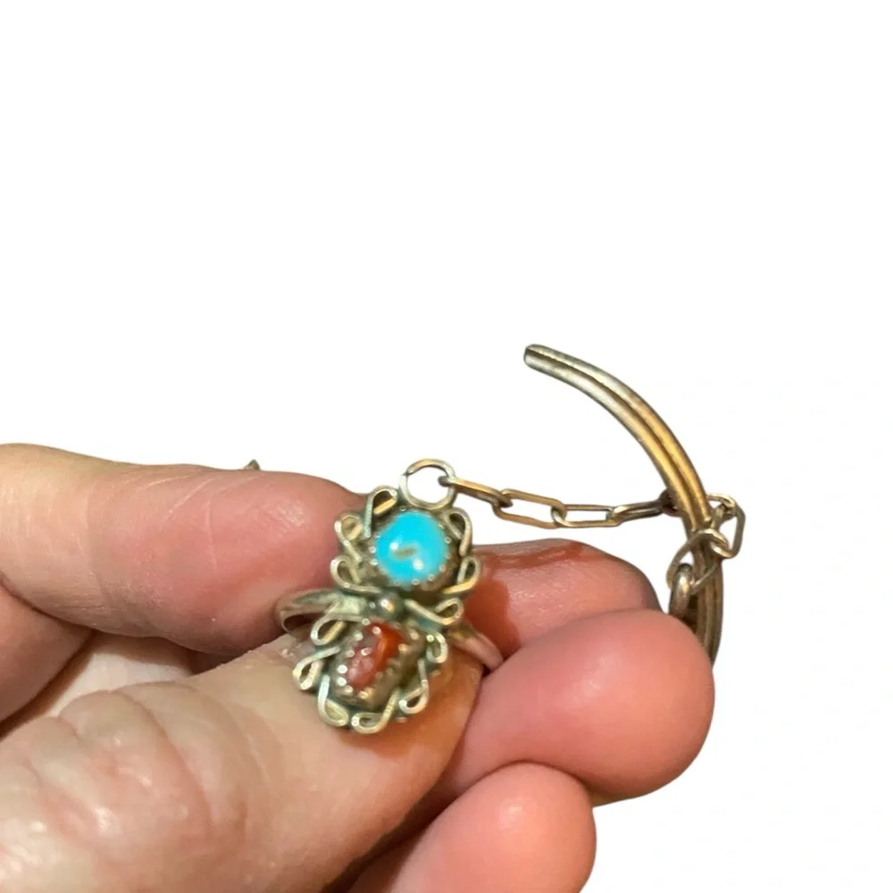 Vintage Navajo sterling silver coral turquoise slave bracelet Sz 5.25 ring Sz 6 - Picture 5 of 7